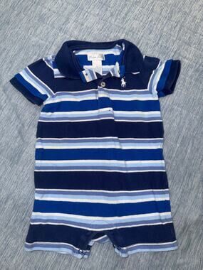 Ralph Lauren Preppy Baby Boy Blue & Navy Romper, 9 Months,